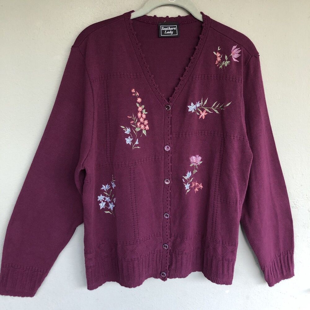 Vtg Grannycore CardiganSweater Womens L Plum Floral Embroidered Cottagecore